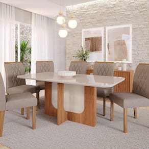 Sala de Jantar Louise 180cm com 6 Cadeiras Juliana Wood Cinamomo/Off Bege