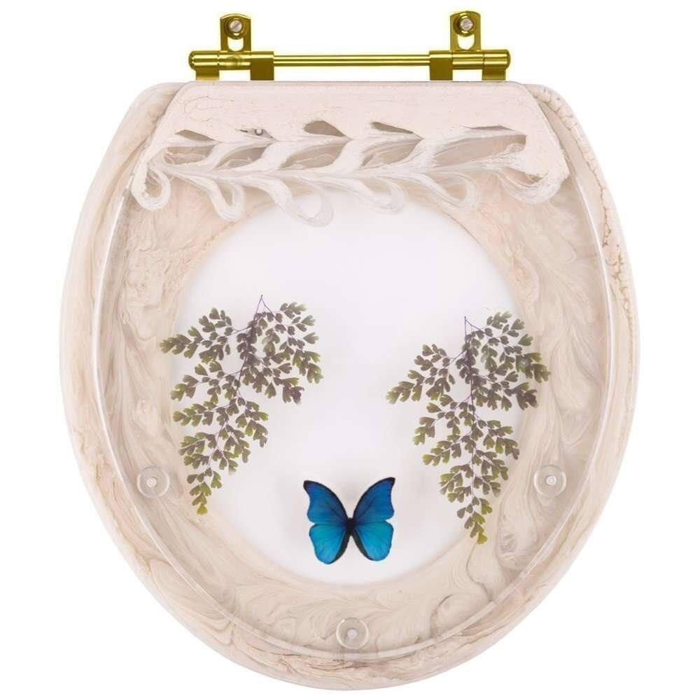 Assento Sanitário Decorado Oval Convencional Biscuit Com Borboleta Azul Com Ferragem Dourada