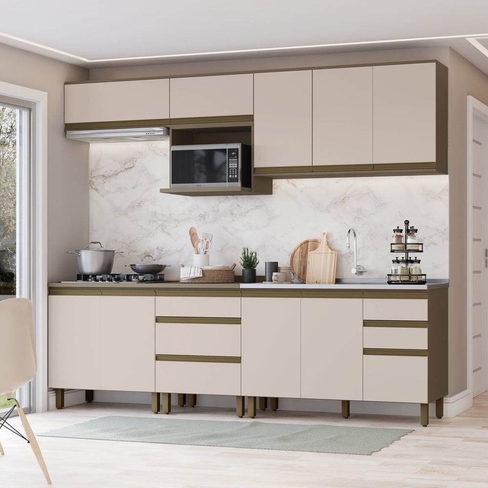 Cozinha Completa 6 Peças 100% Mdf com Aéreo para Micro-ondas Connect Duna/Cristal