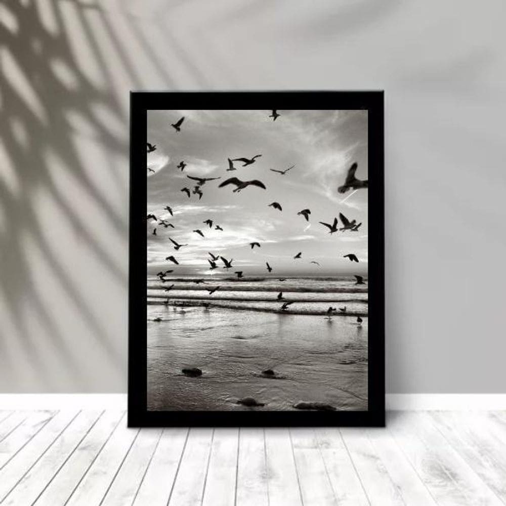 Quadro Praia Preto E Branco - Pássaros 45X34Cm - Com Vidro