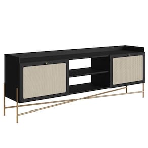 Rack 2 Portas Oslo Artesano 183 cm (largura) MDP Nero Palha Sintética Bege Pé Metal Dourado