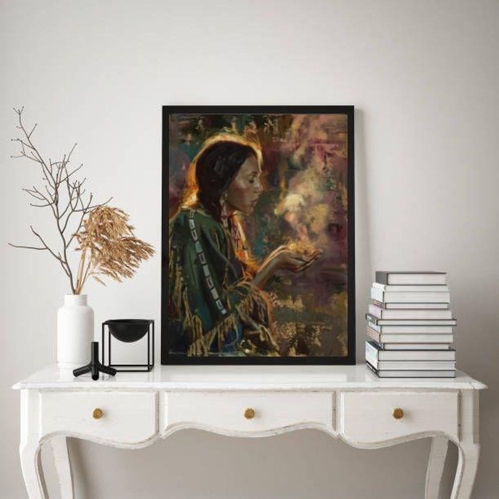 Quadro Decorativo Xamã 24x18cm - Vidro e Moldura Branca