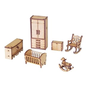 Kit Miniatura Quarto Bebê 6 Peças Berço Cadeira Balanço Mdf
