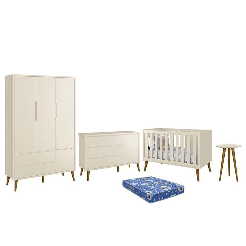 Dormitório Infantil Theo Retrô 3 Portas, Cômoda 1 Porta, Berço, Mesa de Apoio com Pés Amadeirado e Colchão - Reller Móveis