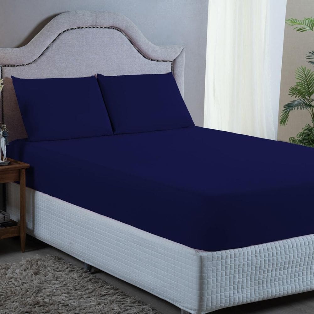 Jogo de Cama Casal 3pç Lençol + Fronhas 400 Fios Azul