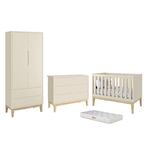 Dormitório Completo Infantil Classic 2 Portas, Cômoda 6 Gavetas, Berço com Pés Madeira Natural e Colchão D18 - Reller Móveis
