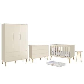 Dormitório Infantil Theo 3 Portas, Cômoda 6 Gavetas, Berço, Mesa de Canto com Pés Madeira Naturale Colchão - Reller Móveis
