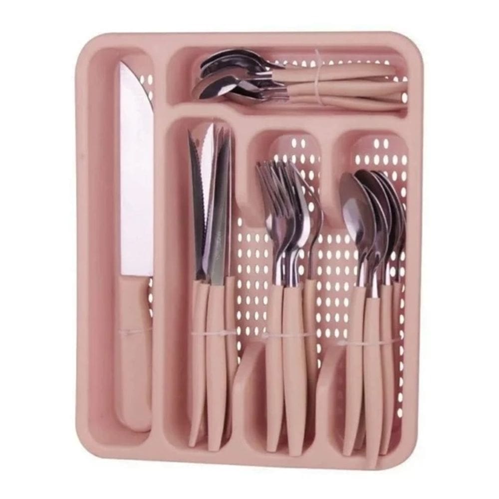 Jogo De Talheres Inox 26 Peças Com Faca E Organizador Rosa