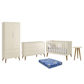 Dormitório Infantil Theo Retrô 2 Portas, Cômoda 1 Porta, Berço, Mesa de Apoio com Pés Amadeirado e Colchão - Reller Móveis