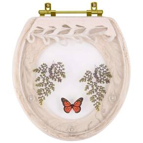 Assento Sanitário Poliester Decorado Oval Convencional Biscuit Avenca com Borboleta Vermelha Com Ferragem Dourada
