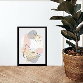 Quadro Abstrato Borboletas Rosa E Cinza 24X18Cm - Com Vidro