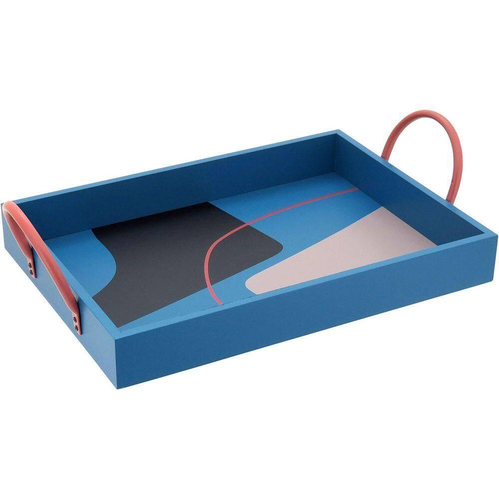 Bandeja Decorativa Para Servir Retangular Mdf 10x25x39cm Azul