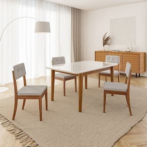 Conjunto Mesa de Jantar Tangará 160cm e 4 Cadeiras Estofadas Tiê Cabecasa Madeiramadeira Caramelo/Bege Claro
