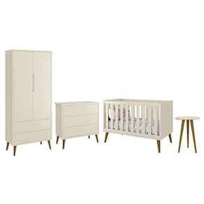 Dormitório Infantil Theo Retrô 2 Portas, Cômoda, Berço e Mesa de Apoio com Pés Amadeirado - Reller Móveis