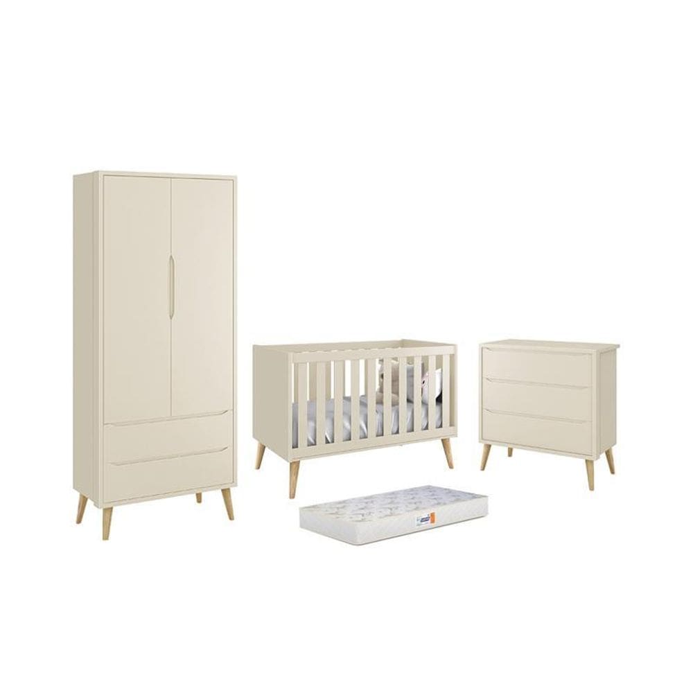 Dormitório Theo 2 Portas com Pés Madeira Natural e Colchão D18 Branco - Reller Móveis