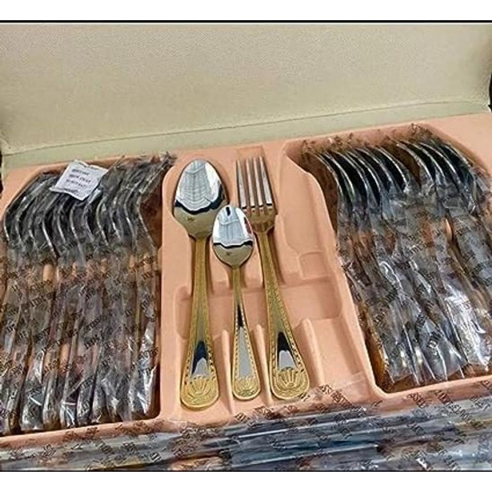 Kit Talheres Luxo 84 Peças - Aço Inox 18/10 - Banho Ouro 24k