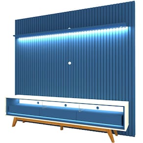 Painel Gelius Nobre com ripas autênticas e Rack requinte com LED largura 230 cm para TV de 85 polegadas Azul Royal/OFF White