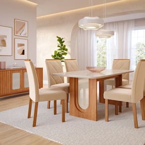 Sala de Jantar Valentina 180cm com 6 Cadeiras Fernanda Wood Cinamomo/ Nude