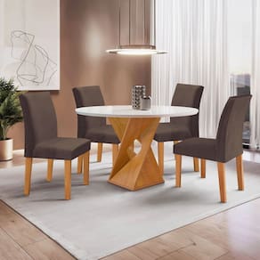 Conjunto Mesa Barcelona 100cmx100cm 4 Cadeiras Espanha Tampo Slim Plus Redondo Vidro Yescasa Cinamomo/Off White/Marrom