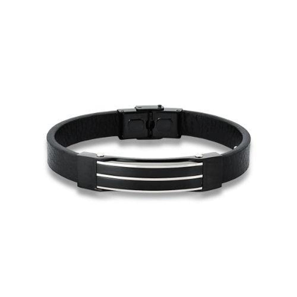 Pulseira Masculina Em Courino Com Placa Negra Em Aço