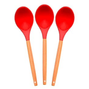 Kit 3 Colher De Silicone Com Cabo De Madeira 32 Cm Vermelha-