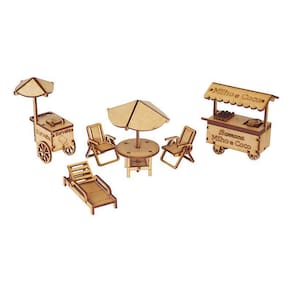Kit Miniatura Praia 6 Peças Espreguiçadeira Carrinho Mdf