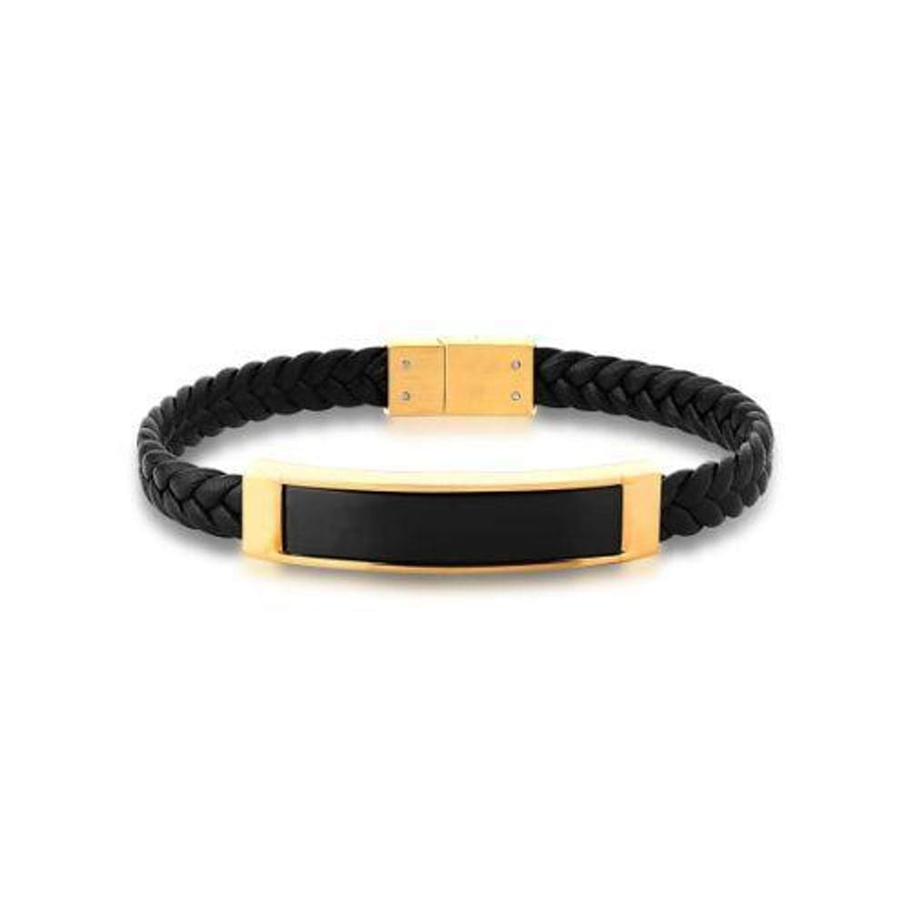 Pulseira Masculina Courino Preto E Placa Negra Em Aço