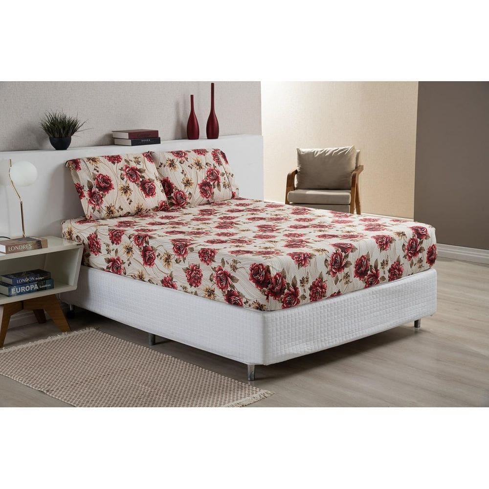 Kit De Lençol Estampado Com Fronha Queen 80% Algodão Rosas