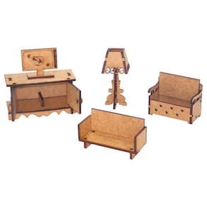 Kit Miniatura Sala Com 5 Peças Sofá Abajur Tv Comoda Baú Mdf