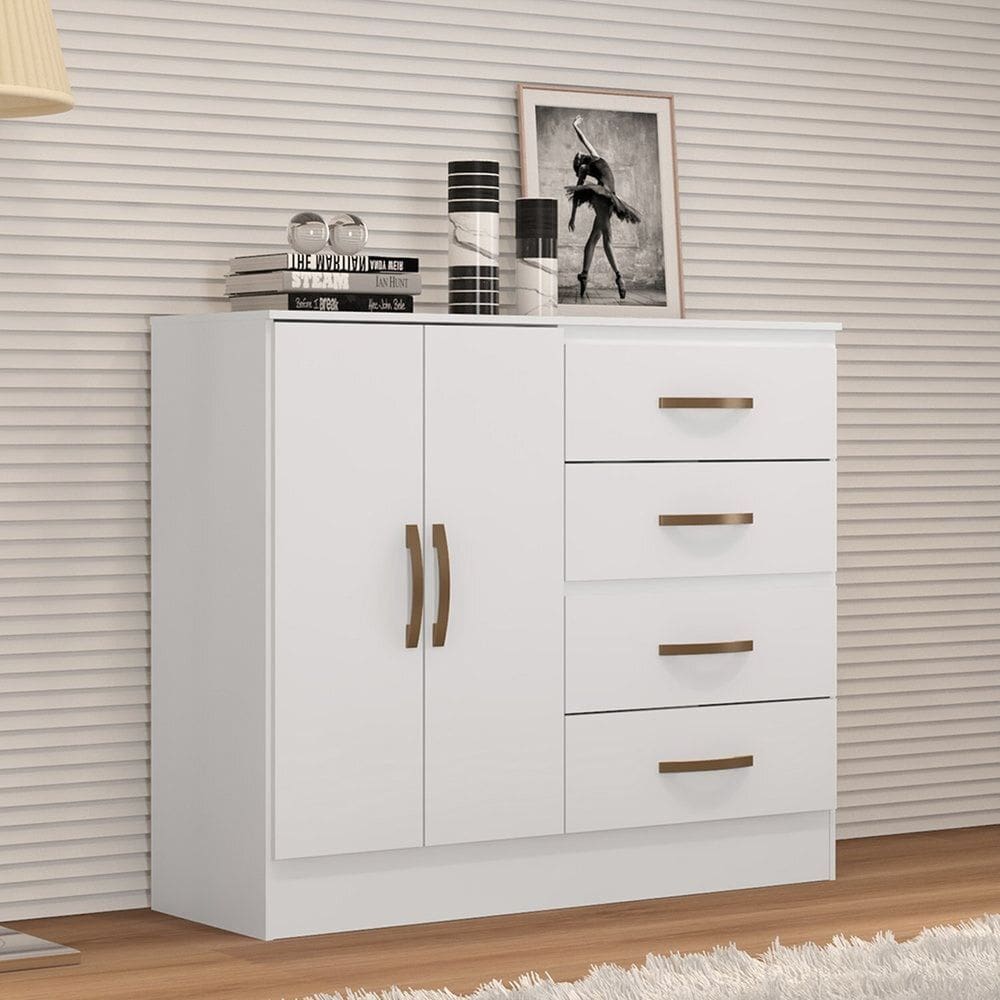 Cômoda 4 Gavetas 02 Portas Lite Branco Brilho
