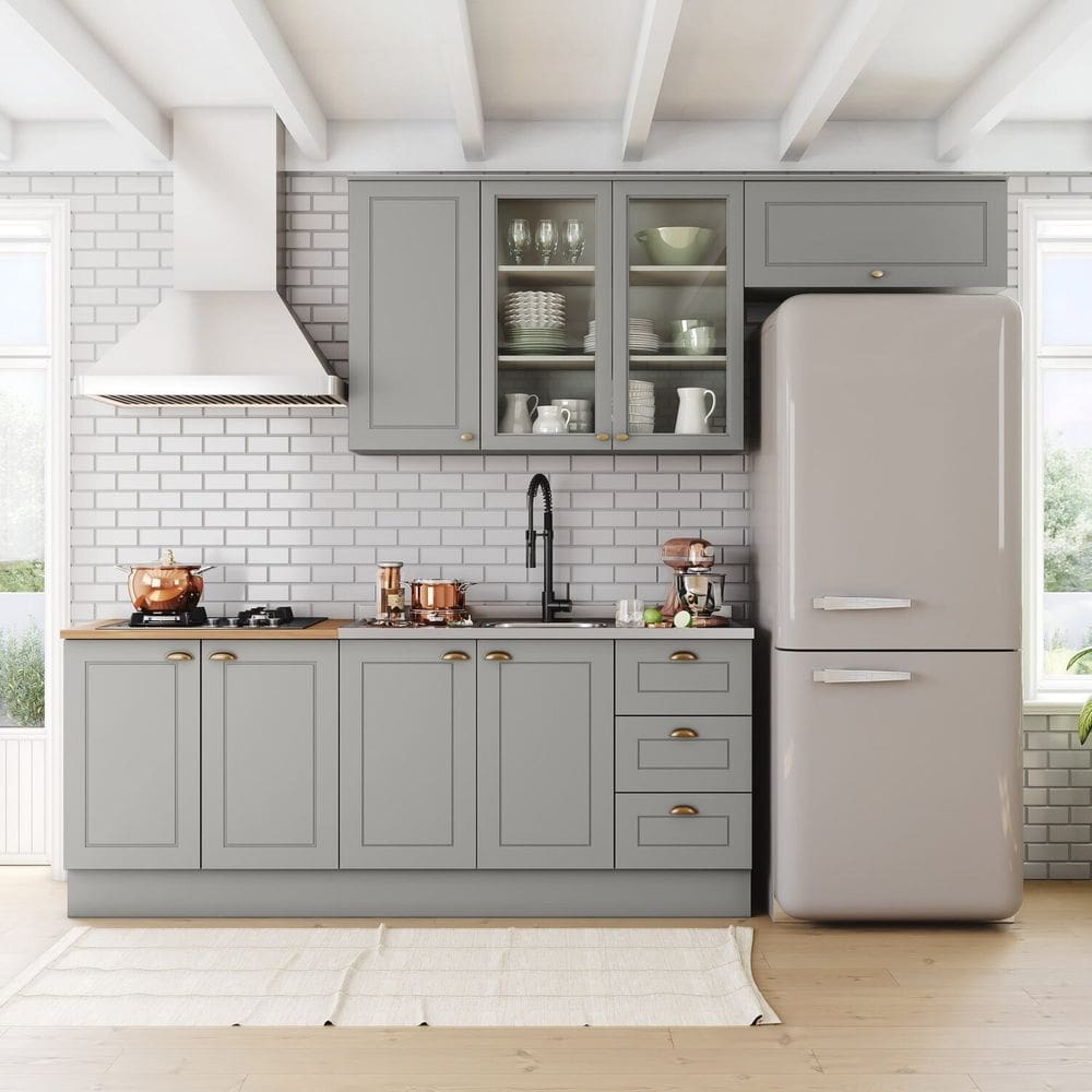 Cozinha Compacta 4 Peças com Balcão para Pia e Aéreo para Geladeira Internacional Cinza/Marrom