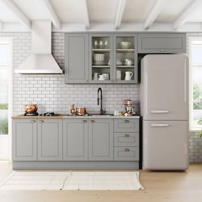 Cozinha Compacta 4 Peças com Balcão para Pia e Aéreo para Geladeira Internacional Cinza/Marrom