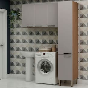 Conjunto para Área de Serviço com Armário 2 Portas e Armário Aéreo Washhouse Ébano/Cinza