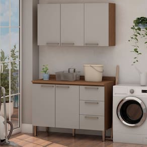 Conjunto para Área de Serviço com Balcão 2 Portas e 3 Gavetas e Armário Aéreo 3 Portas Low Dry Ébano/Cinza