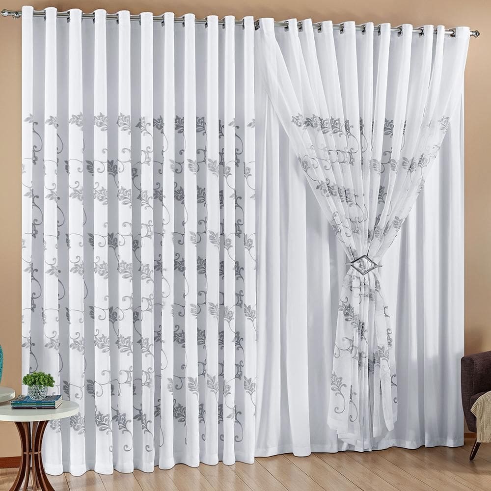 Cortina Luz Voil Bordado 4,00X2,80 Sala Quarto Branca/Prata