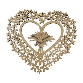 Aplique Laser Mdf - Coração Flores Divino Liso 20 Cm