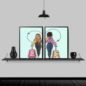 Kit 2 Quadros Melhores Amigas Viajantes 45X34Cm Preta