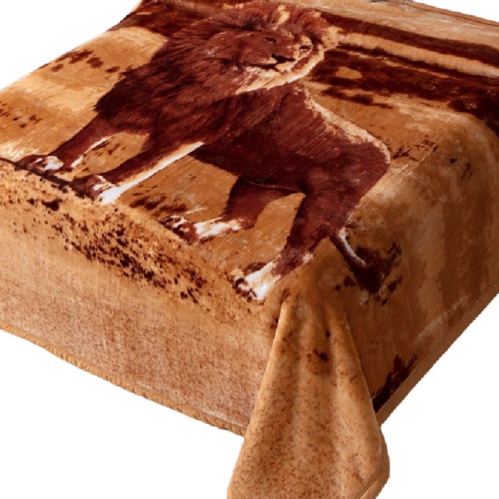 Cob. Raschel Plus Pol. Estamp. Leao 180 cm X 220 cm Bege