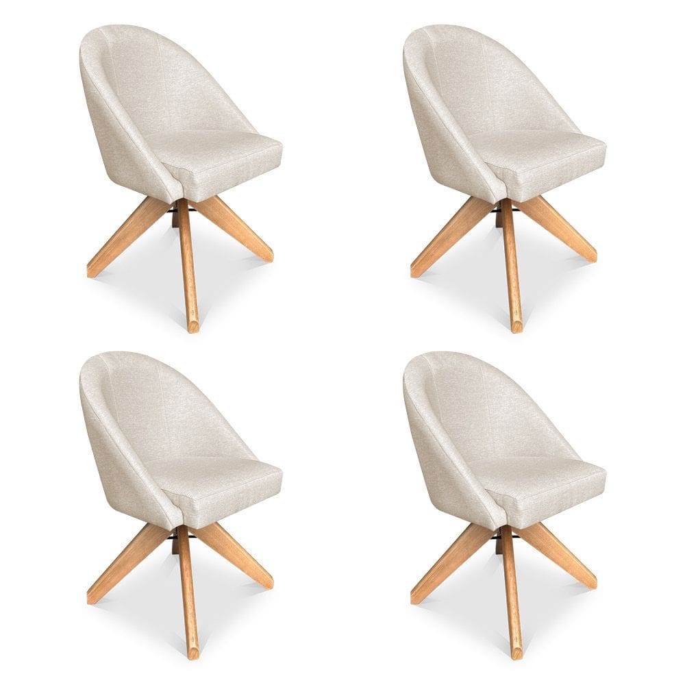 Kit 04 Poltronas Cadeira Giratória Bela Linho Bege Base de Madeira - Pallazio