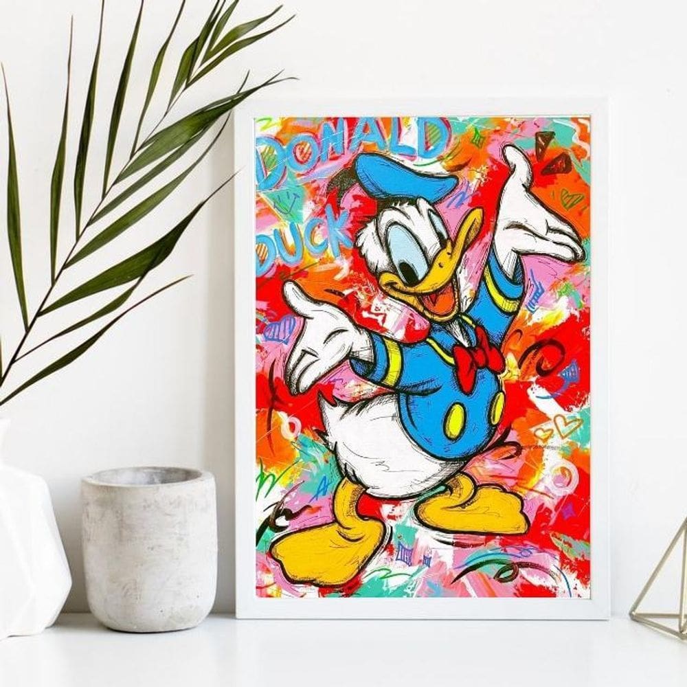 Quadro Decorativo Pato Donald 45x34cm - Vidro, Moldura Branca