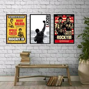 Kit 3 Quadros Rocky Balboa Lutas 33x24cm Madeira Preta