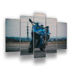 Quadro Decorativo Mosaico 5 Peças Mod096 Moto Azul Paisagem