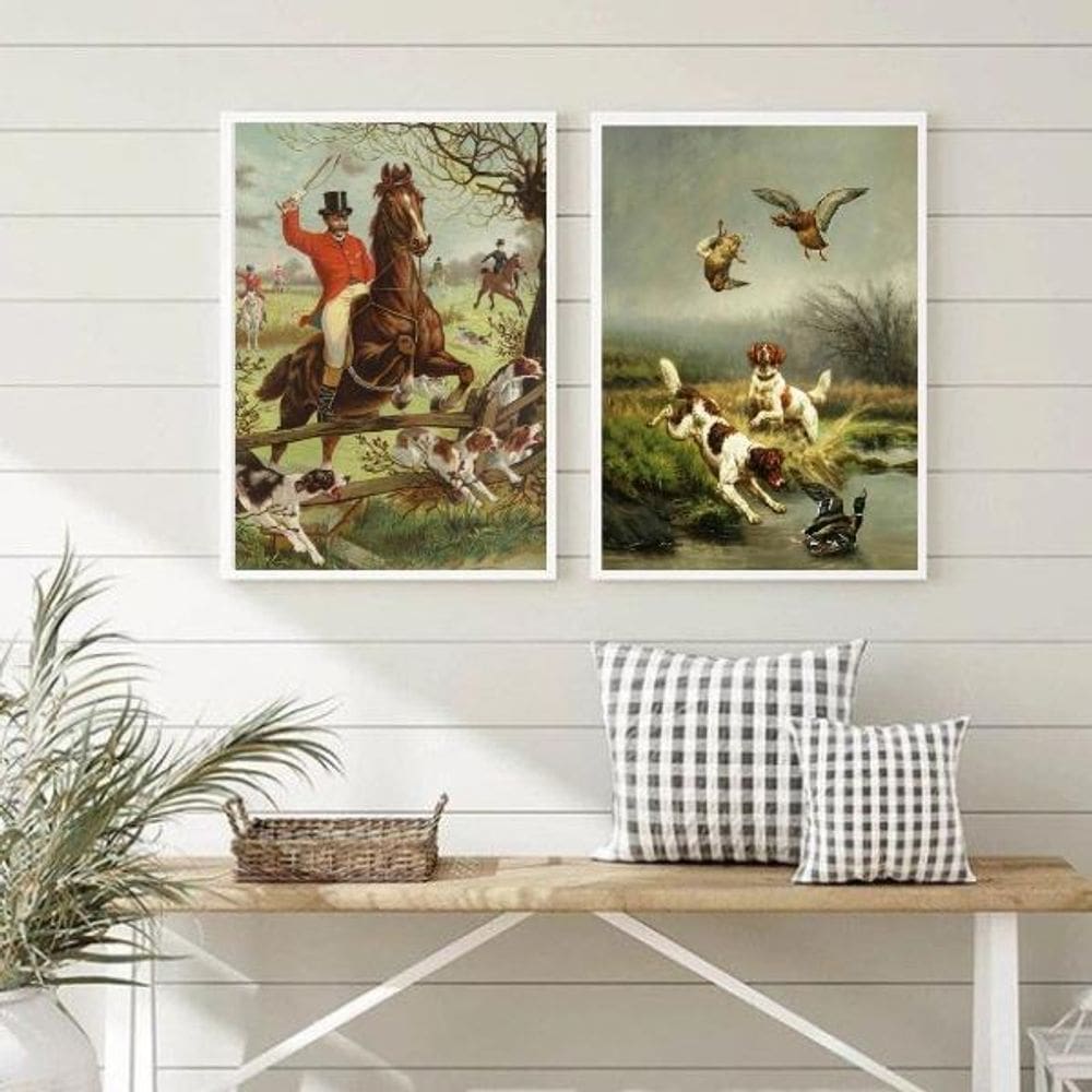 Kit 2 Quadros Decorativos Vintage Caçada Inglesa 45X34Cm