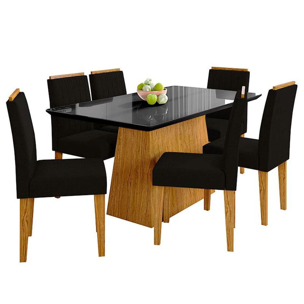 Mesa de Jantar 160cm Bárbara com Vidro e 6 Cadeiras Ana Ype Veludo Preto - New Ceval