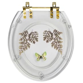 Assento Sanitário Decorado Oval Convencional Transparente Com Borboleta Verde para todas as marcas Com Ferragem Dourada