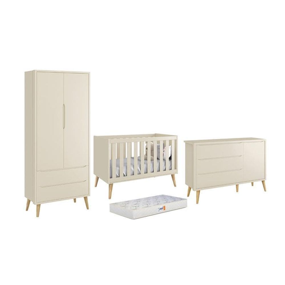 Dormitório Theo 2 Portas, Cômoda com Porta com Pés Madeira Natural e Colchão D18 - Reller Móveis