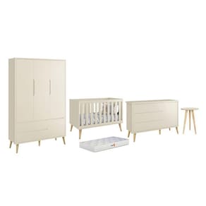 Dormitório Theo 3 Portas, Mesa de Canto com Pés Madeira Natural e Colchão D18 - Reller Móveis