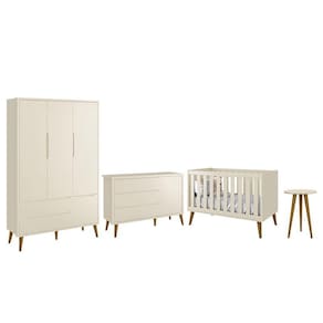 Dormitório Infantil Theo Retrô 3 Portas, Cômoda 1 Porta, Berço e Mesa de Apoio com Pés Amadeirado - Reller Móveis