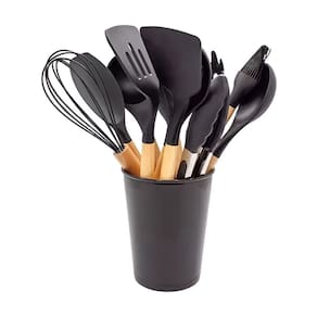 Kit 12 Utensílios Jogo De Cozinha De Silicone Com Espatulas Pincel Batedor Manual - Preto