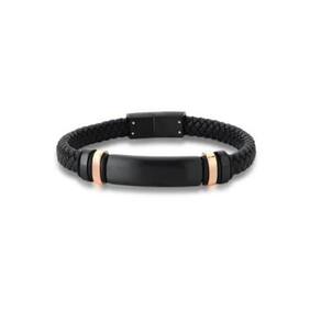 Pulseira Masculina Courino Trançado E Placa Negra Em Aço